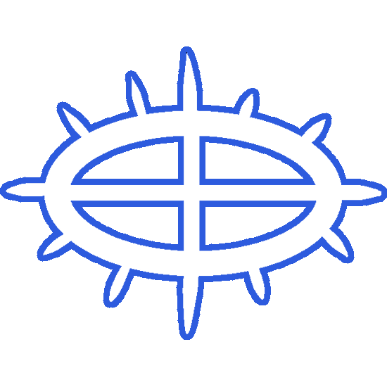 A white evocation symbol from Dungeons and Dragons, with a blue outline.